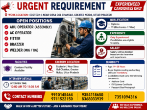 AHU Operator (Assembly), AC Operator, Fitter, Brazzer Welder (MIG / TIG)-Ecotech-I