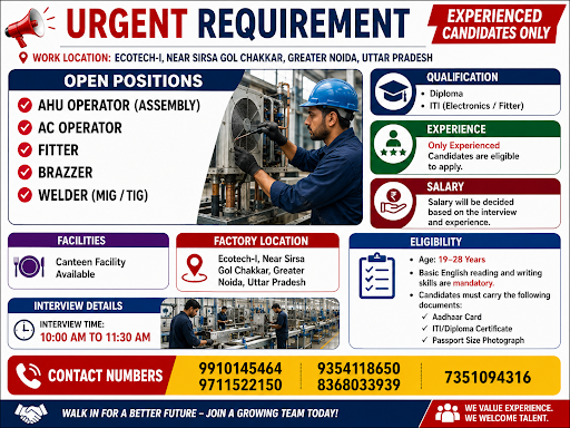AHU Operator (Assembly), AC Operator, Fitter, Brazzer Welder (MIG / TIG)-Ecotech-I